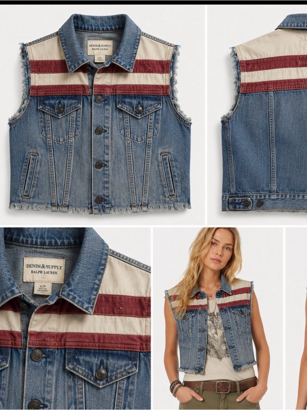 Denim&Supply Ralph Lauren Light Blue Jean Vest with Red and Cream Stripe Yoke